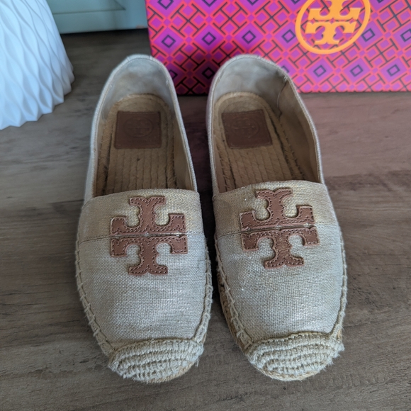 Tory Burch Shoes - Tory Burch Beige Canvas Espadrille Flats with Logo